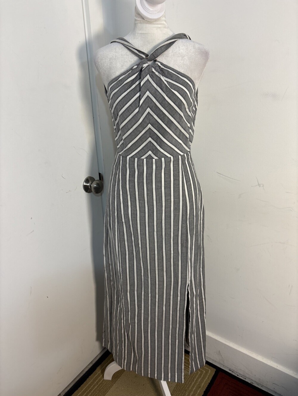 Free People Striped Halter Maxi Chevron‎ Print Slit Tie Back Buttons Sz 10 New